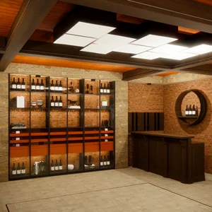 Los mejores proveedores Wine Bar Showroom Diseño Gabinete de vino de madera Estante de exhibición de whisky Escaparate de pared de metal flexible