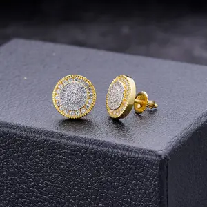 New Fashion Hip Hop Fine Two Tone Plated 925 Sterling Silver 5A Zircon Bling Circle Stud Earrings