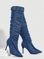 Bottes en jean pour femme personnalisables, montantes, à bout pointu, talon aiguille, avec bride à boucle et fermeture éclair latérale