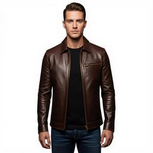Veste en cuir marron pour homme, style décontracté, col rabattu, fermeture éclair, veste de motard - Product Image 6