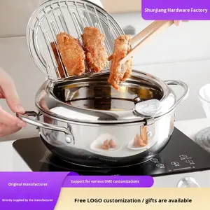 หม้อทอดสแตนเลส 304 พร้อมเทอร์โมมิเตอร์ ตะแกรงกรองน้ำมัน หม้อทอดเทมปุระแบบญี่ปุ่น หม้อทอดขนาดเล็ก สำหรับทอดปลา กุ้ง ไก่ - Product Image 3