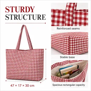 Bolsa de Mano Reutilizable a Cuadros con Logotipo Personalizado, Bolsa de Compras Diaria, Bolsa de Algodón Gingham - Product Image 4