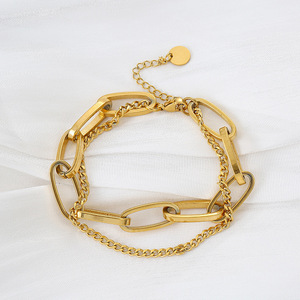 2024 moda retro 18K oro doble capa pulsera Ins temperamento Acero inoxidable ovalado grueso cadena pulsera famme - Product Image 3