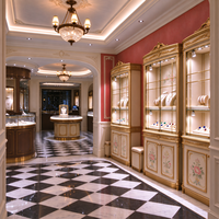 Vitrine de présentation sur mesure pour bijouterie de style classique de luxe, projet de décoration intérieure commerciale