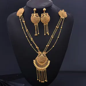 Jewelry Set For Women With Earrings Gold Color Pendant Trendy Hollow Out Spring Round Chunky Gold Color Zinc Alloy Flower 50+5CM