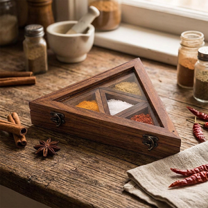 Handmade Sheesham Wood Triangle Spice <b>Box</b> Glass Lid Food Grade Dishwasher Safe Durable Masala Storage <b>Herb</b> Spice Tools - Product Image 1