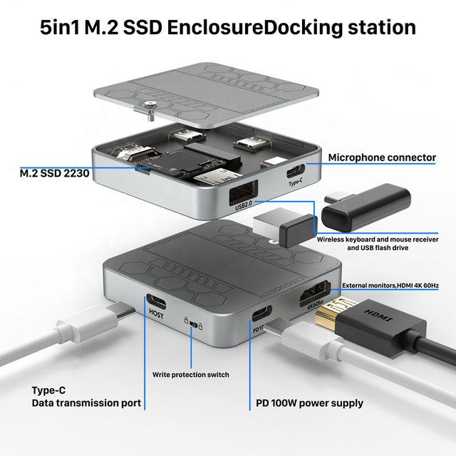 Magnetic M.2 NVME Ssd Enclosure with 5 in 1 Type C Hub HD 4K60hz PD 100W Support Type c Microhpne 2230 Nvme Ssd Enclosure