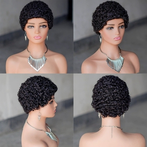 Perruque en <span class=keywords><strong>cheveux</strong></span> naturels pour femmes, noir naturel, <span class=keywords><strong>courte</strong></span> bouclée crépue, <span class=keywords><strong>coupe</strong></span> pixie sans colle, densité 180%, bonnet en filet rose, perruques élégantes - Product Image 4