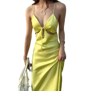 Custom Wholesale Women Sexy Chic Sleeveless Halter Cut Out Satin Dress Summer Beach Dress in Midi Length