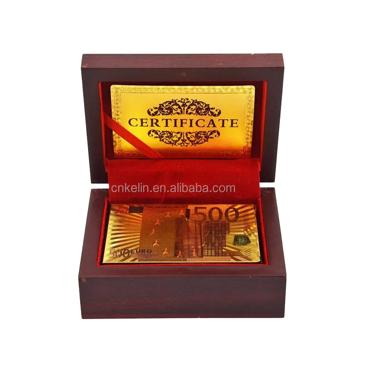金メッキトランプユーロ500プリントゴールドデッキポーカープレイカード、高品質の木製ボックスセレクション