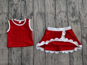 GSD4027 CUSTOM Ensemble sans manches pour petite fille active, rouge foncé uni à carreaux blancs festonnés, Vente en gros pour enfants, Ensemble jupe et haut de yoga pour fille - Product Image 2