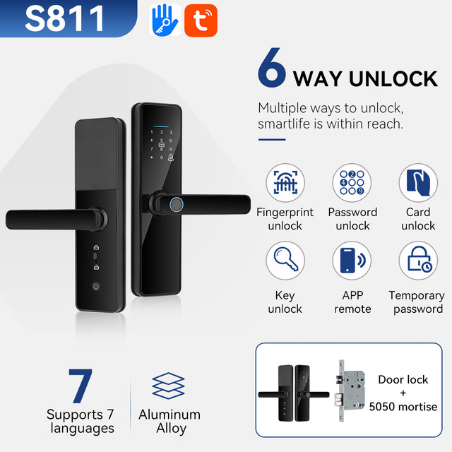 S811 Electronic Tuya WiFi Smart Lock Fingerprint Password Card TTLOCK APP Remote Control Keyless Entry Door Lock