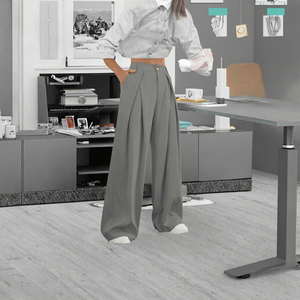 Pantalon plissé taille haute à jambes larges pour femme, gris, en crêpe, décontracté, longueur totale, coupe ample, couleur unie, fermeture éclair - Product Image 3