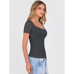FOXA Camiseta de manga corta con encaje para mujer, cuello redondo, tejido acanalado, corte ajustado, informal, conjunto de moda de verano - Product Image 5