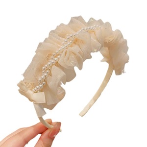 Serre-tête style princesse avec voile en résille, nœud perlé, dentelle plissée brodée et épingle à cheveux pour petite fille - Product Image 6