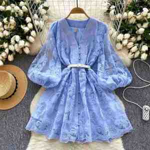 Vestido Midi Casual de Primavera para Mujer, Cuello en V, Corte en A, Manga Linterna, Estampado Digital, Bordado, Tejido Sólido - Product Image 1