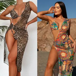 PASUXI Wholesale 2024 Hot Sale Print Thong Halter Bikini Set 3 Piece Bandage Swimsuit One Shoulder Beach Dress Cover Ups