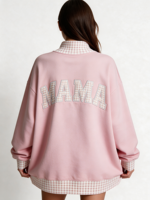 Sweat-shirt à col montant brodé patchwork pour femme, en molleton de coton, manches longues, avec détails contrastants, pull d'automne OEM