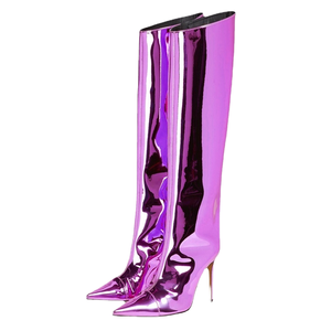 Botas de Tacón Alto y Fino, Puntiagudas, de Cuero Brillante, Color Dorado y Plateado, con Lámina Metálica Láser, Diseño de Serpiente, Botas de Moda Talla 42 - Product Image 1