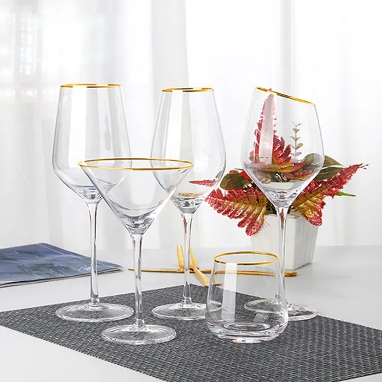 luxury flat bottom gold rimmed edge clear wine glasses set for wedding drinking