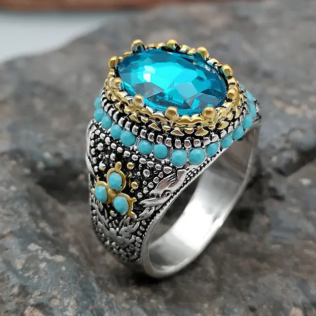 Lwr70307 New Vintage Black Natural Stone Rings Handmade Turkish Signet Punk Diamond Inlaid Turquoise Ring For Men