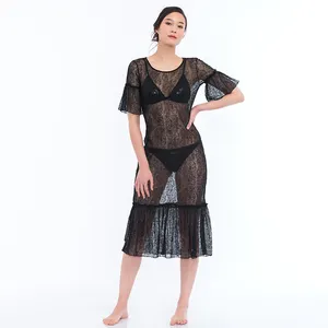 Kimono negro de encaje largo para mujer, traje de baño transparente para playa, bikini, vestido para mujer