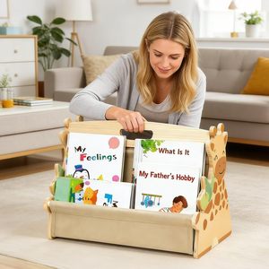 Étagère à livres pour enfants, double face, en bois, avec poches en toile robustes, bords arrondis, bibliothèque pour chambre d'enfant, rangement de jouets - Product Image 2
