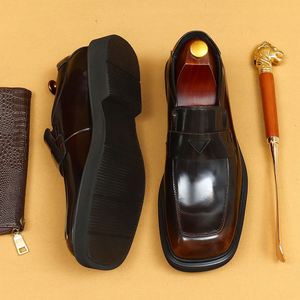 Mocassins en cuir à semelle épaisse et brillante pour hommes d'affaires, à lacets, noirs, à bout carré, chaussures de bureau décontractées et formelles - Product Image 2