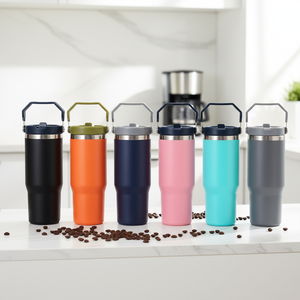 Double Wall Stainless Steel Tumblers 20oz 30oz Custom Cups Insulated with Handle Straw and Leakproof Flip Lid for <b>Hot</b> <b>Cold</b> Drink - Product Image 1