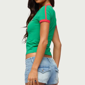Top Corto de Verano 2026 para Mujer, Manga Corta, Estampado de Bandera Mexicana, Corte Ajustado, Versátil, Estilo Jersey - Product Image 4