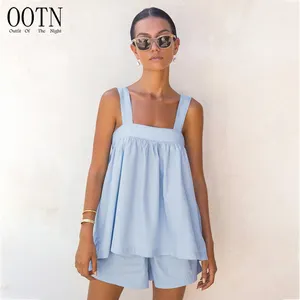 Ootn màu xanh không tay Tank Top nữ giản dị phù hợp với nhà với quần short phụ nữ 2 mảnh Bộ đồ ngủ cho phụ nữ đặt bán buôn