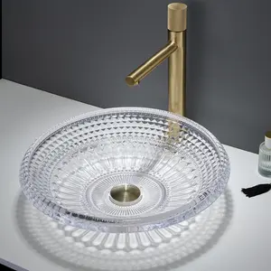 Popular Vessel Shape Crystal Small Glass Basin Counter Top Round Bathroom Sinks With Art Designs