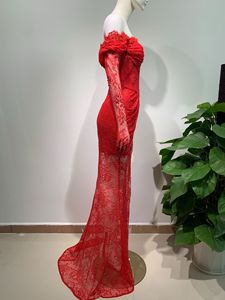 OEM personalizzato abito di pizzo rosso per le donne Sexy taglio basso di alta Modulare elegante da sera di nozze guanti stile alla moda <span class=keywords><strong>impero</strong></span> - Product Image 3
