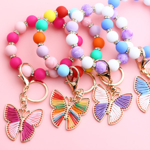 Colorful <b>Beaded</b> <b>Bracelet</b> With Butterfly Keychain Charm Gold Plated Women's Cute Fashion Jewelry Gift - Product Image 1