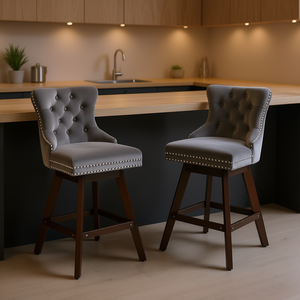 Sgabelli da bar in velluto con struttura in legno, finiture cromate, design girevole trapuntato, colore grigio, set da 2 - Product Image 2