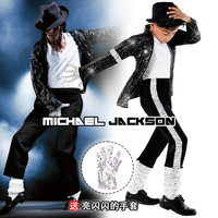 Costume de spectacle pour garçons style Jackson, veste, pantalon, chapeau et gants en polyester noir à paillettes disco pour spectacle de danse sur scène