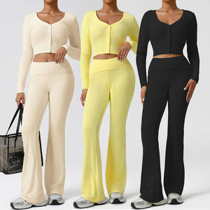 Toptan uzun kollu Flare tayt spor Yoga seti eğitim giyim kadın 2 parça spor setleri - Product Image 1