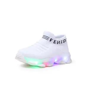 BIYATE Kids Sneakers Children Baby Girls Boys Letter Mesh Led Socks Sport Run Sneakers Shoes Light Up Shoes