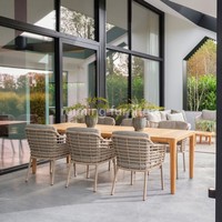 Table à manger en teck personnalisée, jardin extérieur, ensemble de salle à manger en bois massif 6 8 places, chaises de patio en rotin