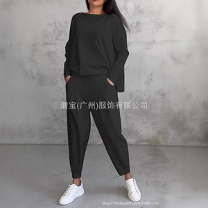 Ensemble de costume décontracté pour femmes, couleur unie, haut à col rond avec poches, pantalon SMLXLXXLXXXL, blanc, gris, rouge, noir, orange, rose, bleu, vert - Product Image 4
