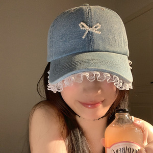 Lace Trimmed Denim Baseball <b>Cap</b> For <b>Women</b> Light Blue Pearl Bow Shade Hat Cotton Fabric Female Fashion <b>Cap</b> - Product Image 1