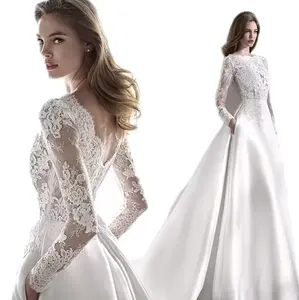 2024 autumn satin lace slim fashion bride long-sleeved open-back trailing wedding dress