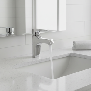 Robinet de lavabo moderne en laiton sans plomb, monocommande, entre-axes 4 pouces, à poser sur comptoir, avec débit contrôlé, anti-rayures, poli, chaud/froid - Product Image 3