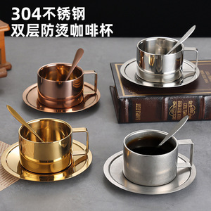Stainless Steel Coffee <b>Cup</b> <b>Set</b> Gold Plated 304 Double Layer With Saucer And Spoon For Home Office Use - Product Image 3