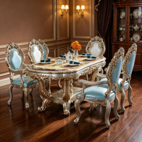 Ensemble de table à manger rectangulaire de luxe européen en bois massif sculpté avec chaises en cuir PU bleu doré à l'argent, mobilier de salle à manger en gros