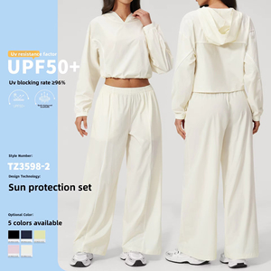 Ensemble de protection solaire Lulu Outdoor Cool pour <span class=keywords><strong>femme</strong></span> UPF50+ : <span class=keywords><strong>Veste</strong></span> à capuche anti-plis à manches longues et pantalon large – Tenue de sport - Product Image 1