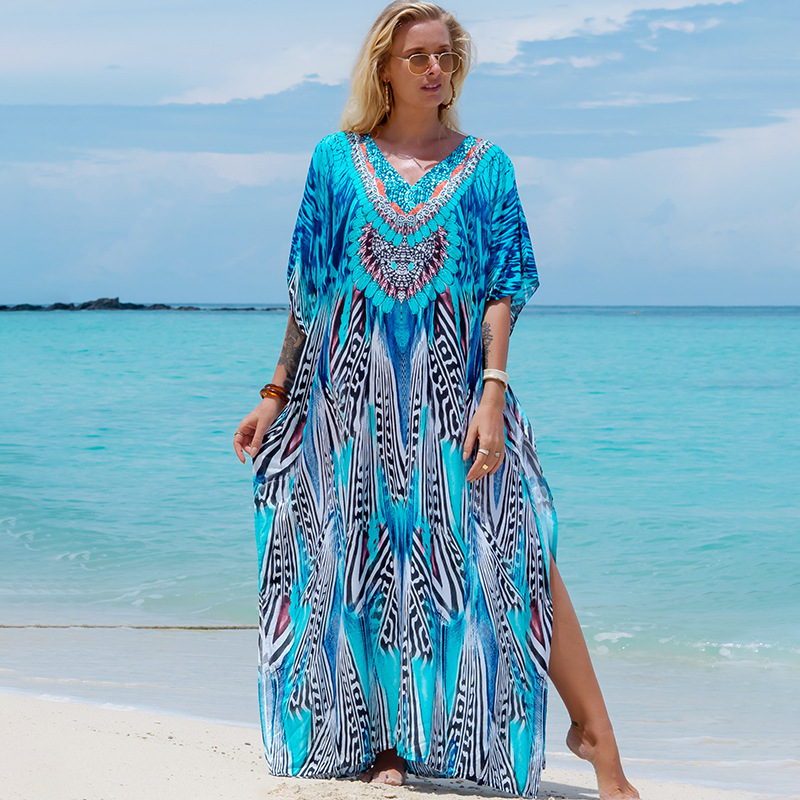 Plus Size Summer Kaftan Dresses Loose Fit Maxi Beach Wear & Resort Cover Ups Leopard Print Swimwear Viscose/Cotton Quick Dry