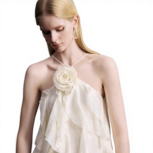Abito da donna elegante e casual in chiffon tinta unita di alta qualità, con spalle arricciate <span class=keywords><strong>a</strong></span> più strati e scollo all'americana, ecologico, taglie <span class=keywords><strong>S</strong></span> <span class=keywords><strong>M</strong></span> <span class=keywords><strong>L</strong></span> - Product Image 2