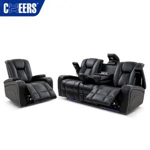 MANWAH CHEERS Vente en gros d'usine Canapé inclinable électrique en similicuir noir <span class=keywords><strong>3</strong></span> places pour home cinéma avec table basse, porte-gobelets et éclairage LED - Product Image 6