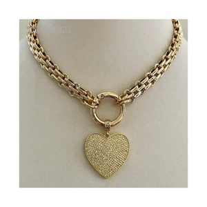 NM44338 Chunky Multilink Mosquetón Collar Brillante Chapado en Oro Texturizado Cadena Collar Micro Pave Corazón Colgante Primavera Cierre - Product Image 1